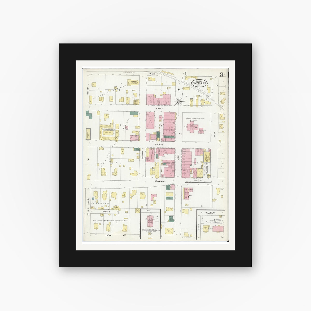 Old map wall art mockup — black gallery frame with white mat — Sanborn Fire Insurance Map from Plattsburg, Clinton County, Missouri (1909), Sheet #0003