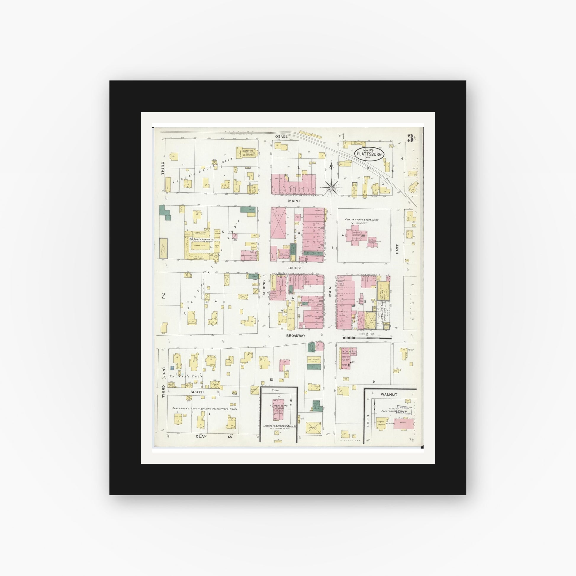 Old map wall art mockup — black gallery frame with white mat — Sanborn Fire Insurance Map from Plattsburg, Clinton County, Missouri (1909), Sheet #0003