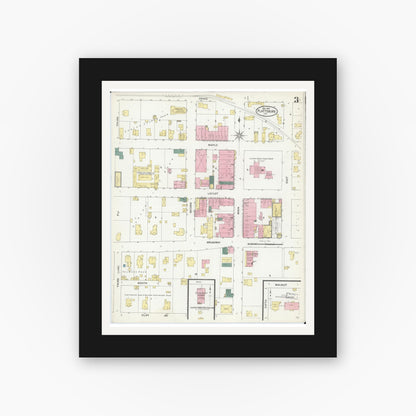 Old map wall art mockup — black gallery frame with white mat — Sanborn Fire Insurance Map from Plattsburg, Clinton County, Missouri (1909), Sheet #0003