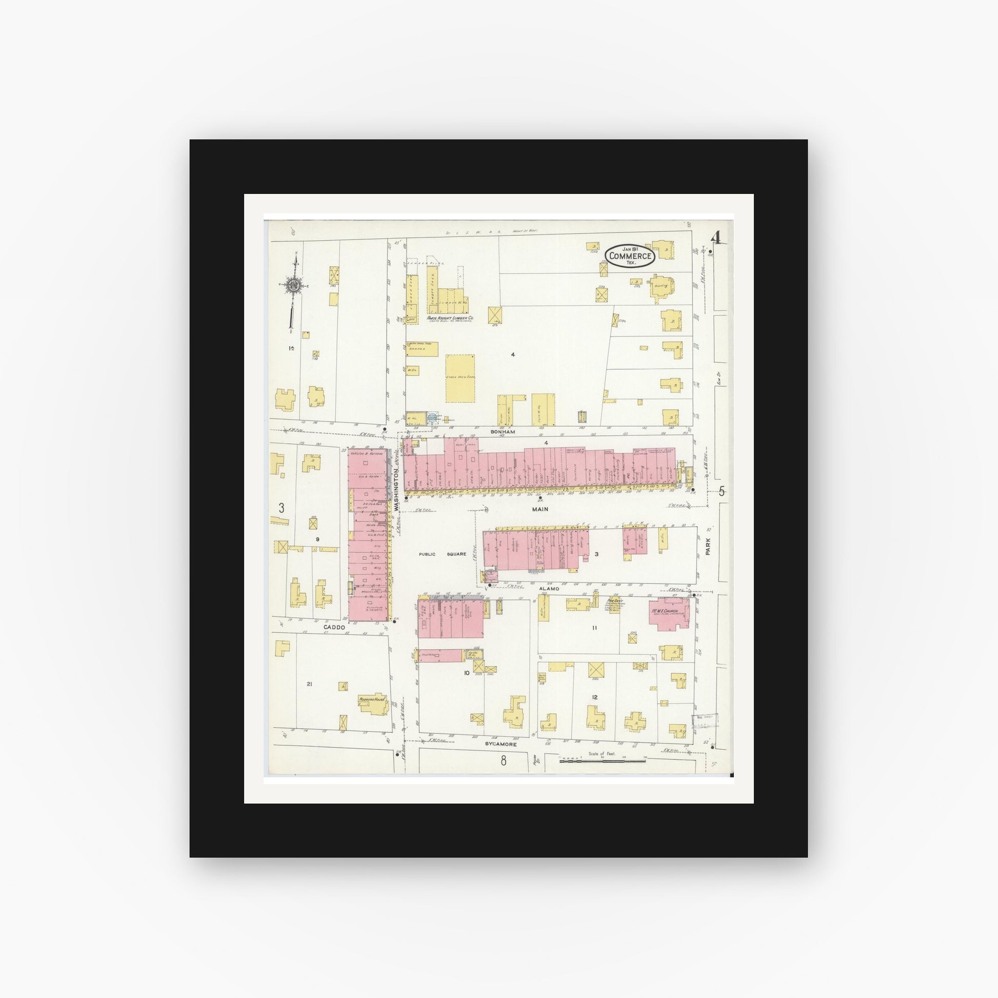 Old map wall art mockup — black gallery frame with white mat — Sanborn Fire Insurance Map from Commerce, Hunt County, Texas (1911), Sheet #0004