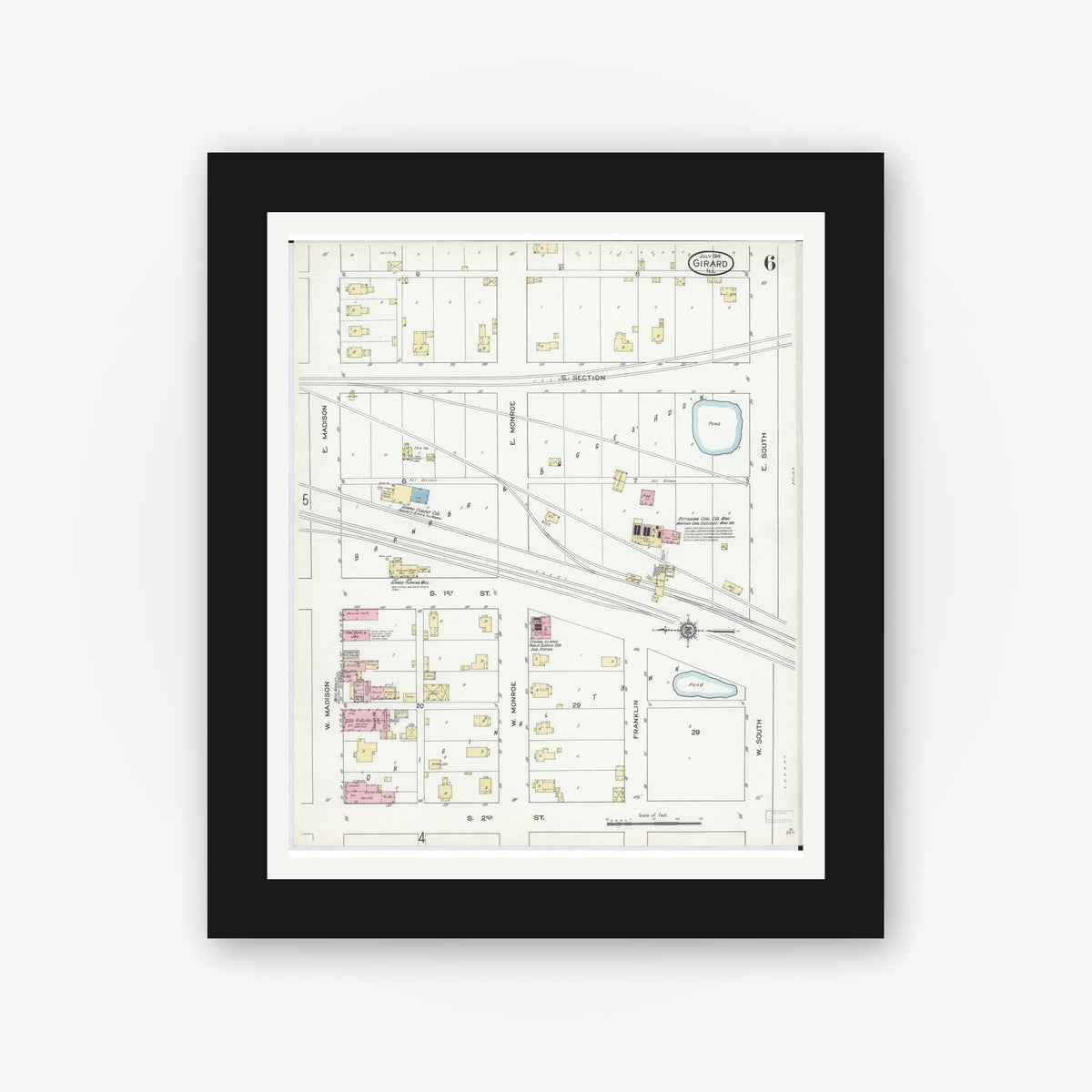 Old map wall art mockup — black gallery frame with white mat — Sanborn Fire Insurance Map from Girard, Macoupin County, Illinois (1914), Sheet #0006