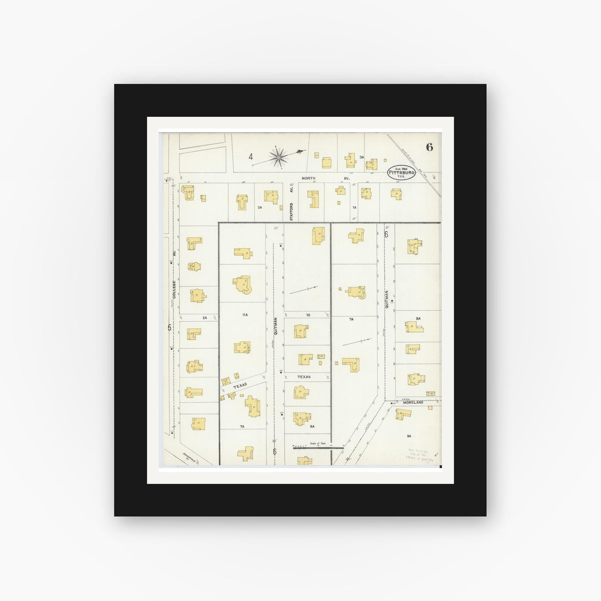 Old map wall art mockup — black gallery frame with white mat — Sanborn Fire Insurance Map from Pittsburg, Camp County, Texas (1906), Sheet #0006