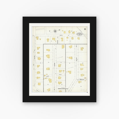 Old map wall art mockup — black gallery frame with white mat — Sanborn Fire Insurance Map from Pittsburg, Camp County, Texas (1906), Sheet #0006