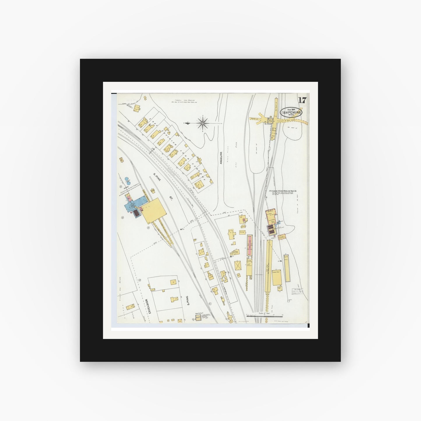 Old map wall art mockup — black gallery frame with white mat — Sanborn Fire Insurance Map from Ishpeming, Marquette County, Michigan (1904), Sheet #0017