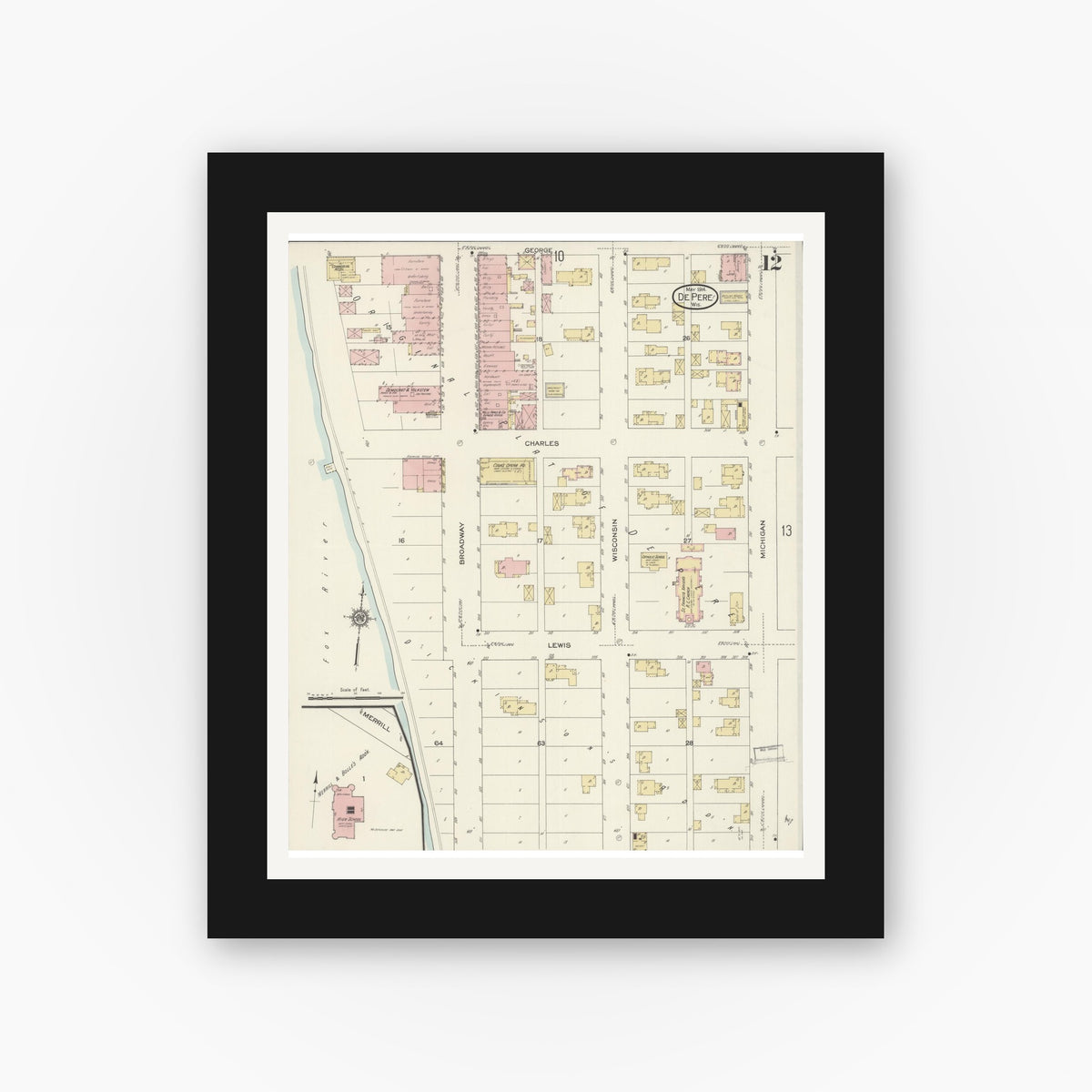 Old map wall art mockup — black gallery frame with white mat — Sanborn Fire Insurance Map from De Pere, Brown County, Wisconsin (1914), Sheet #0012