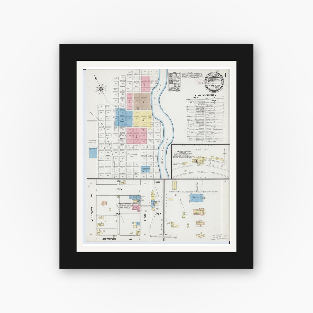 Old map wall art mockup — black gallery frame with white mat — Sanborn Fire Insurance Map from Saint Peter, Nicollet County, Minnesota (1889), Sheet #0001