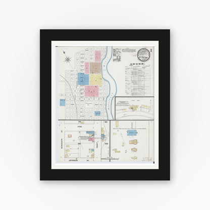 Old map wall art mockup — black gallery frame with white mat — Sanborn Fire Insurance Map from Saint Peter, Nicollet County, Minnesota (1889), Sheet #0001
