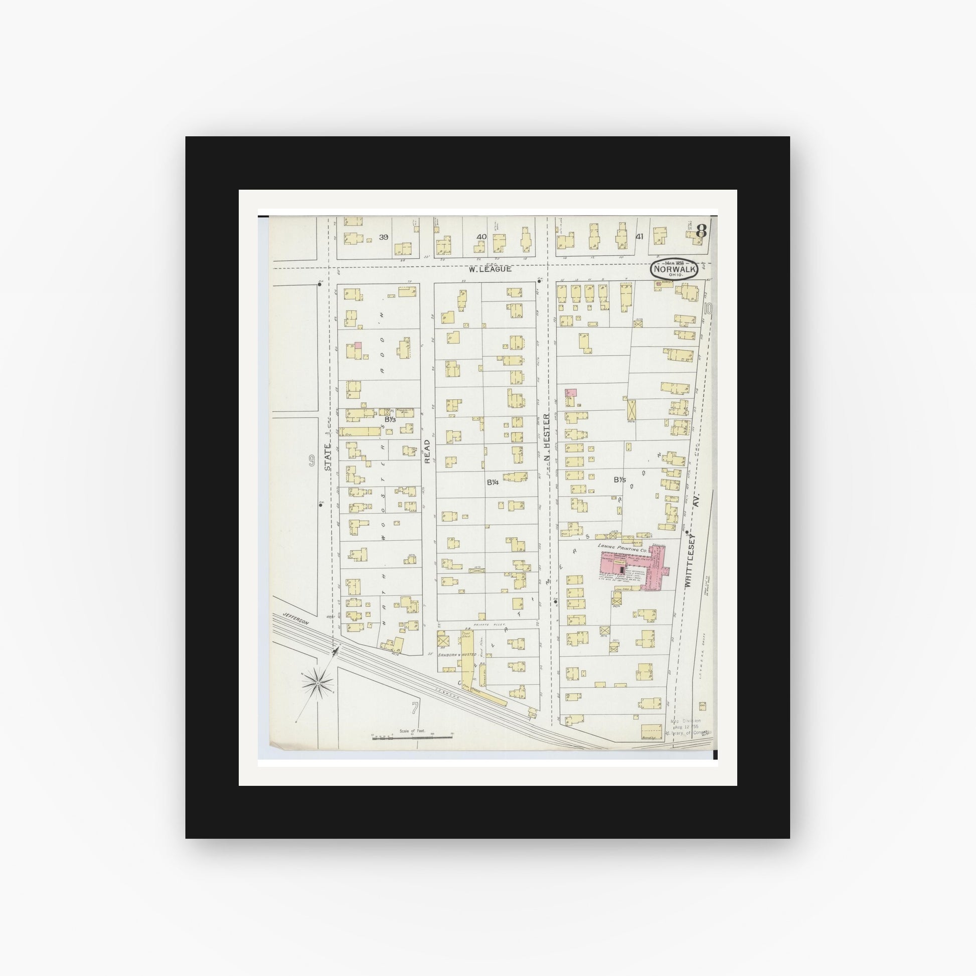 Old map wall art mockup — black gallery frame with white mat — Sanborn Fire Insurance Map from Norwalk, Huron County, Ohio (1893), Sheet #0008