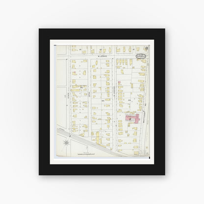 Old map wall art mockup — black gallery frame with white mat — Sanborn Fire Insurance Map from Norwalk, Huron County, Ohio (1893), Sheet #0008