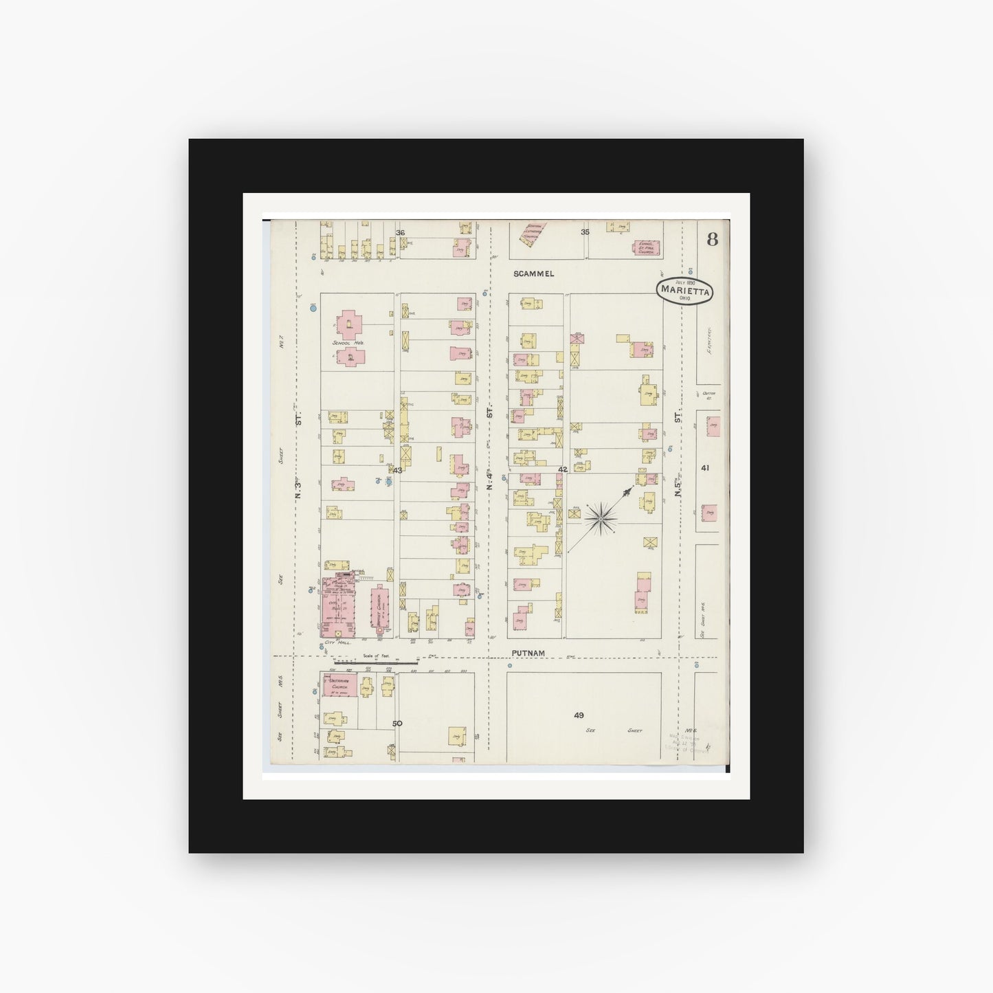 Old map wall art mockup — black gallery frame with white mat — Sanborn Fire Insurance Map from Marietta, Washington County, Ohio (1890), Sheet #0008