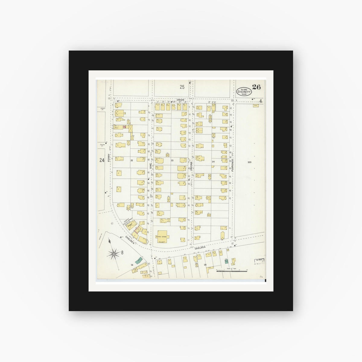 Old map wall art mockup — black gallery frame with white mat — Sanborn Fire Insurance Map from Everett, Middlesex County, Massachusetts (1903), Sheet #0026