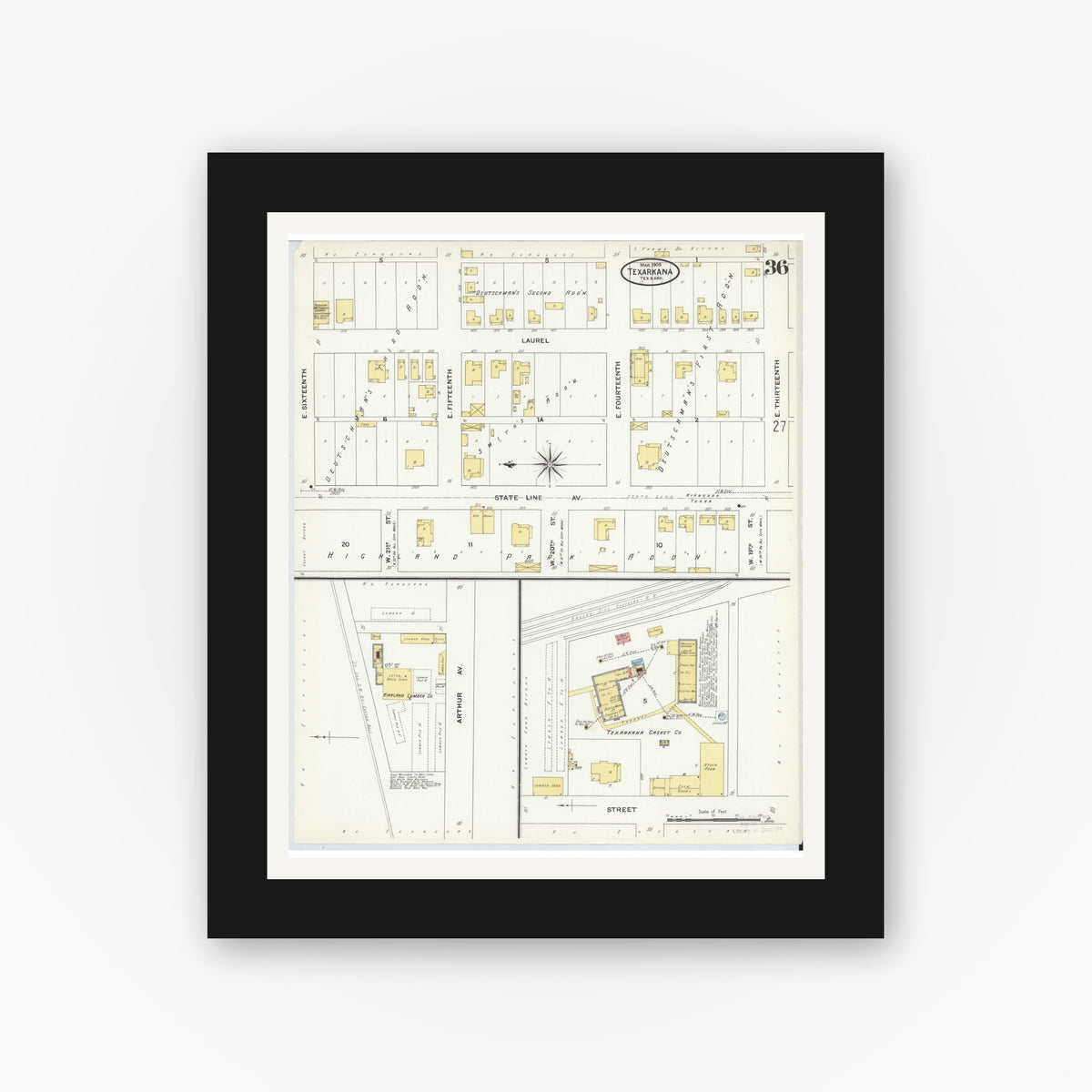 Old map wall art mockup — black gallery frame with white mat — Sanborn Fire Insurance Map from Texarkana, Bowie County, Texas (1909), Sheet #0036