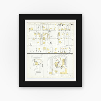 Old map wall art mockup — black gallery frame with white mat — Sanborn Fire Insurance Map from Texarkana, Bowie County, Texas (1909), Sheet #0036
