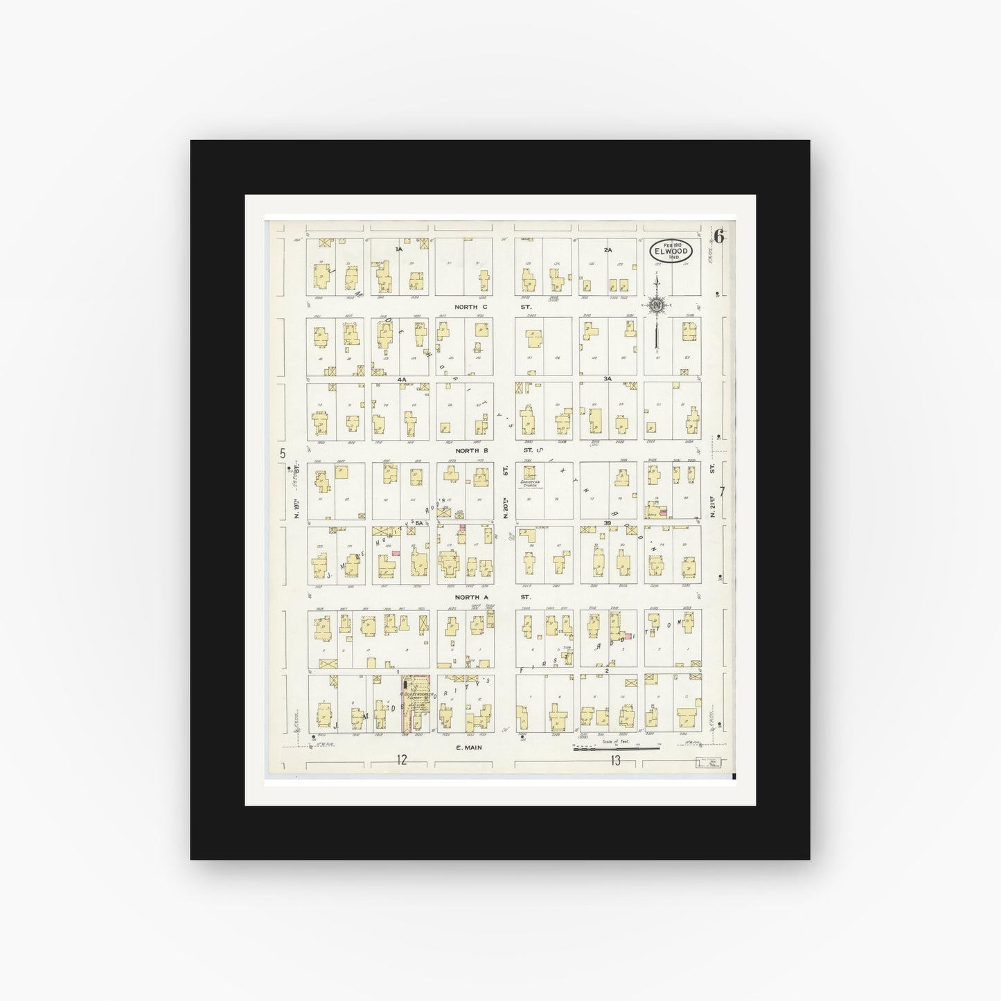 Old map wall art mockup — black gallery frame with white mat — Sanborn Fire Insurance Map from Elwood, Madison County, Indiana (1910), Sheet #0006