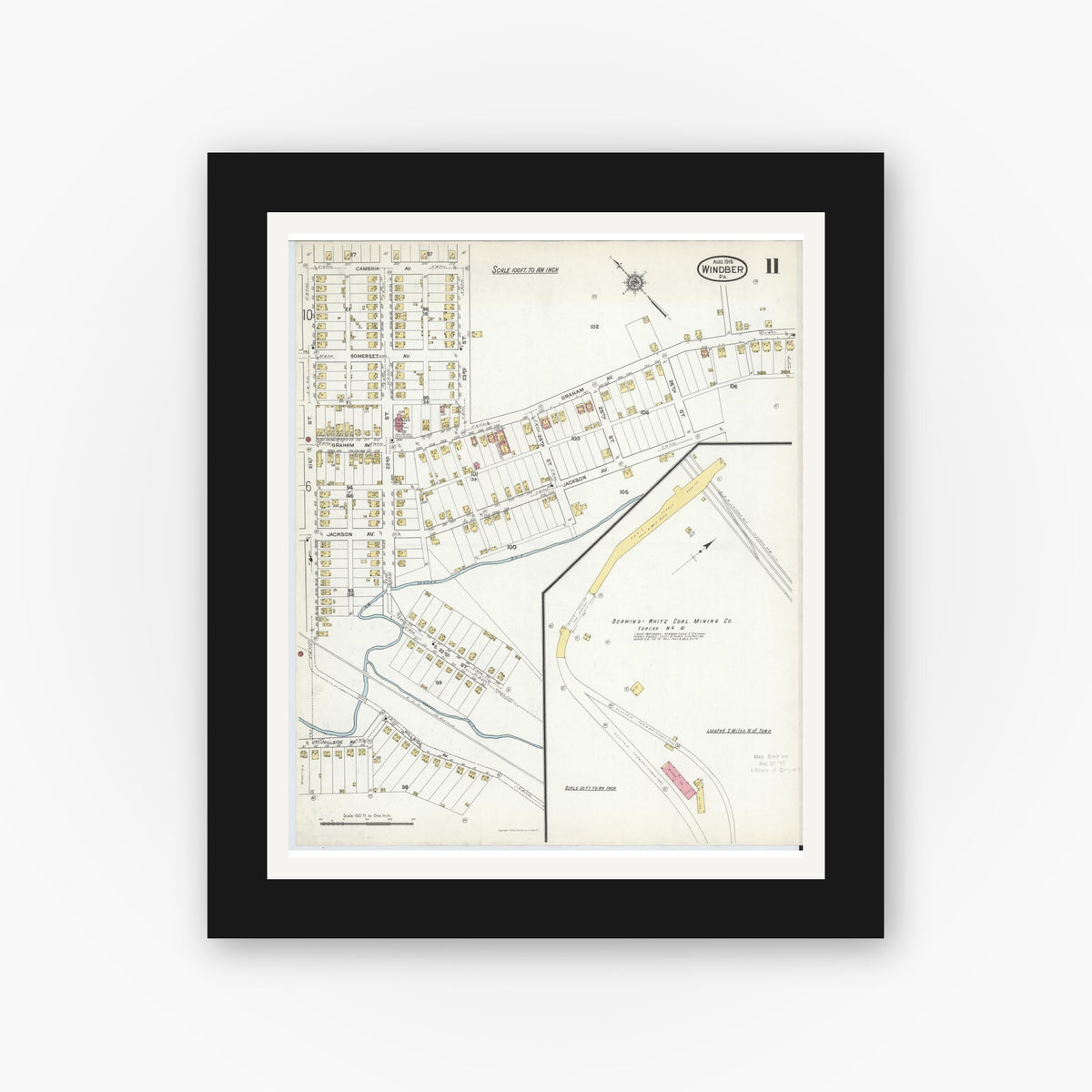 Old map wall art mockup — black gallery frame with white mat — Sanborn Fire Insurance Map from Windber, Somerset County, Pennsylvania (1916), Sheet #0011