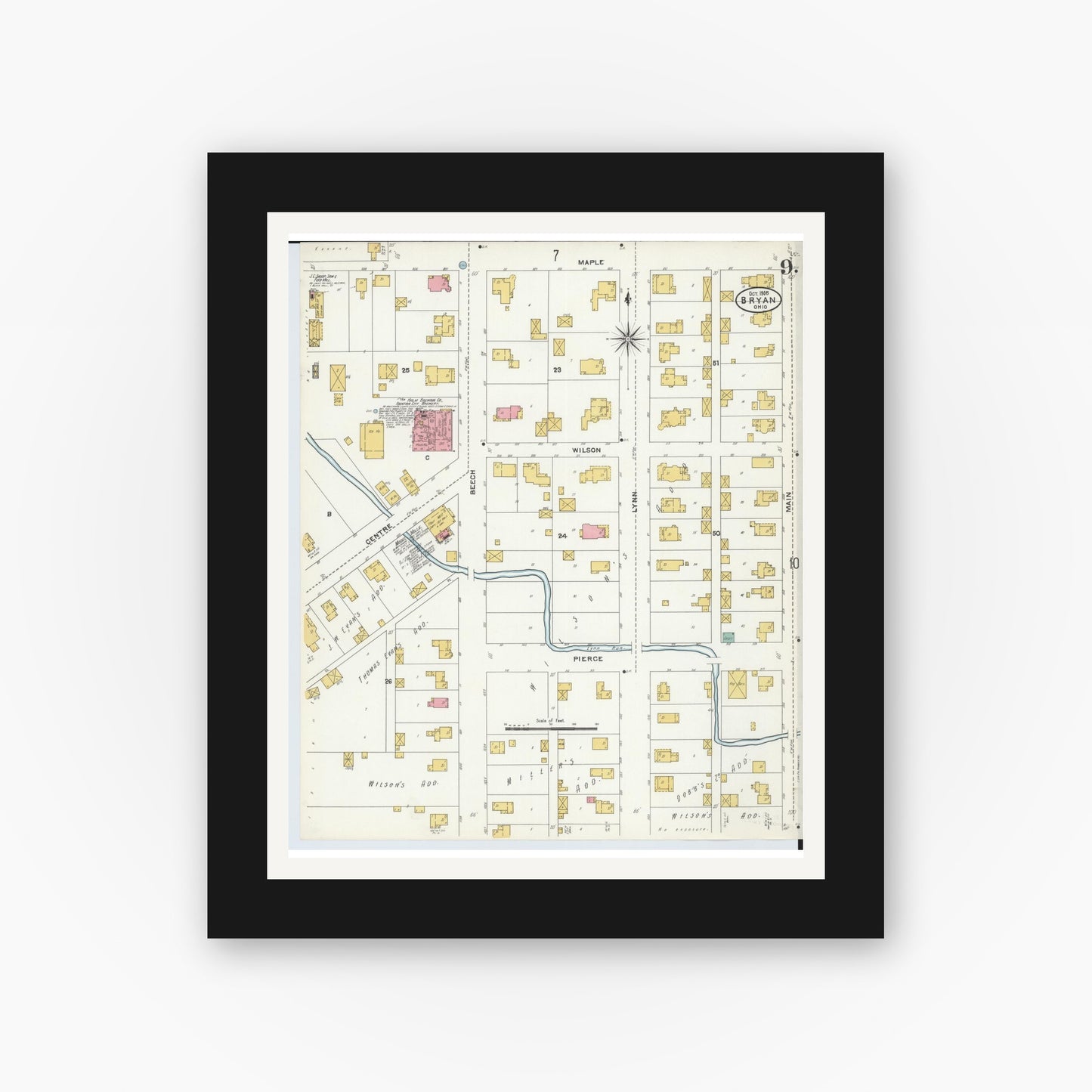 Old map wall art mockup — black gallery frame with white mat — Sanborn Fire Insurance Map from Bryan, Williams County, Ohio (1905), Sheet #0009