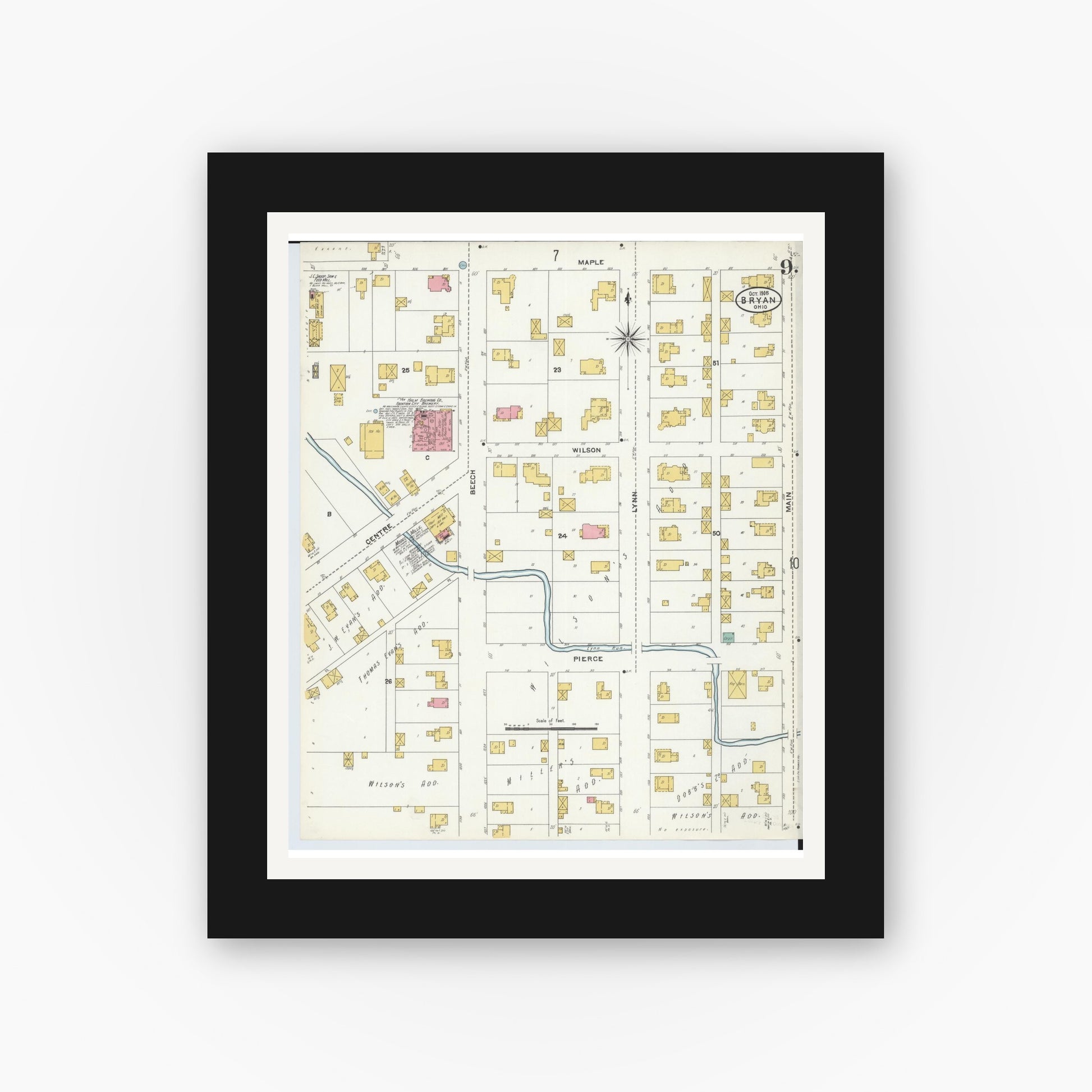 Old map wall art mockup — black gallery frame with white mat — Sanborn Fire Insurance Map from Bryan, Williams County, Ohio (1905), Sheet #0009