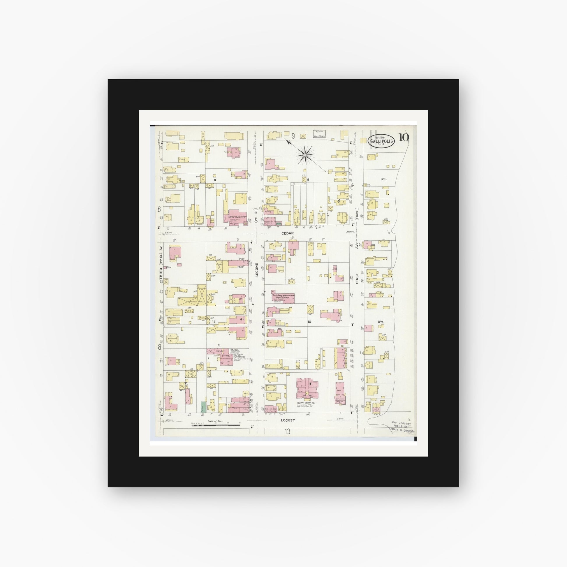 Old map wall art mockup — black gallery frame with white mat — Sanborn Fire Insurance Map from Gallipolis, Gallia County, Ohio (1908), Sheet #0010