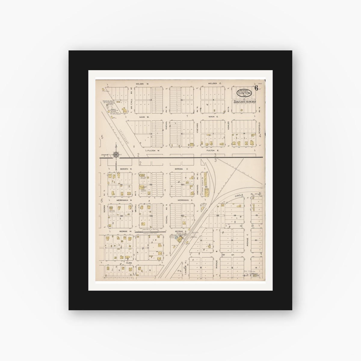 Old map wall art mockup — black gallery frame with white mat — Sanborn Fire Insurance Map from Sinton, San Patricio County, Texas (1922), Sheet #0006