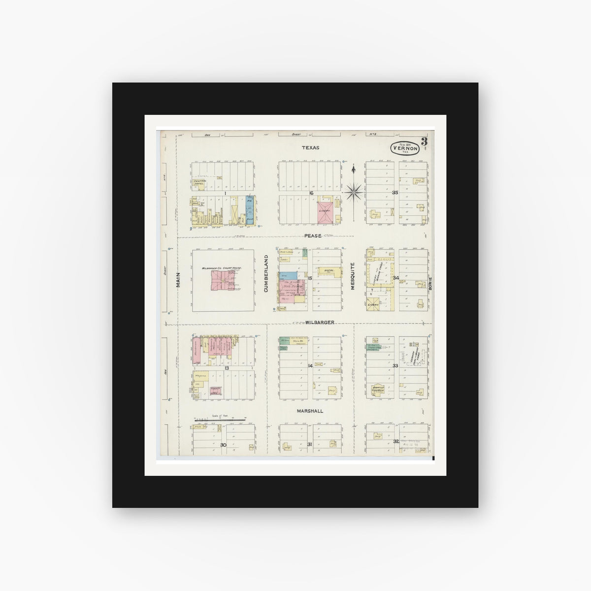 Old map wall art mockup — black gallery frame with white mat — Sanborn Fire Insurance Map from Vernon, Wilbarger County, Texas (1891), Sheet #0003