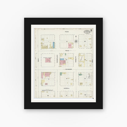 Old map wall art mockup — black gallery frame with white mat — Sanborn Fire Insurance Map from Vernon, Wilbarger County, Texas (1891), Sheet #0003