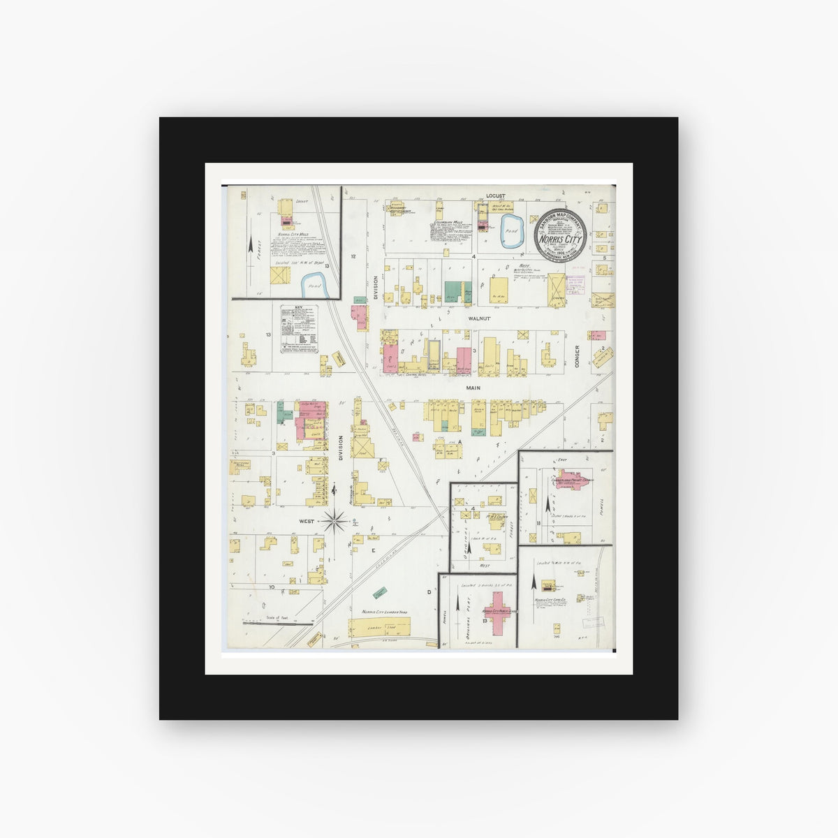 Old map wall art mockup — black gallery frame with white mat — Sanborn Fire Insurance Map from Norris City, White County, Illinois (1906), Sheet #0001
