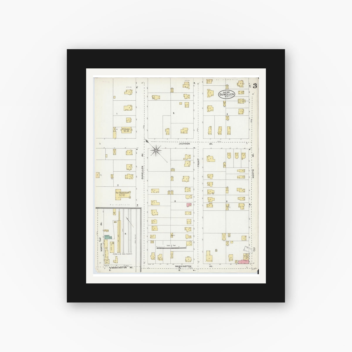 Old map wall art mockup — black gallery frame with white mat — Sanborn Fire Insurance Map from Dunellen, Middlesex County, New Jersey (1905), Sheet #0003
