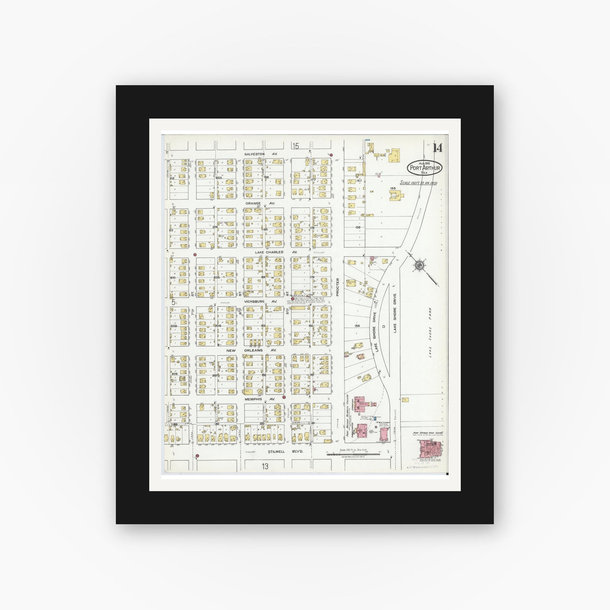 Old map wall art mockup — black gallery frame with white mat — Sanborn Fire Insurance Map from Port Arthur, Jefferson County, Texas (1918), Sheet #0014