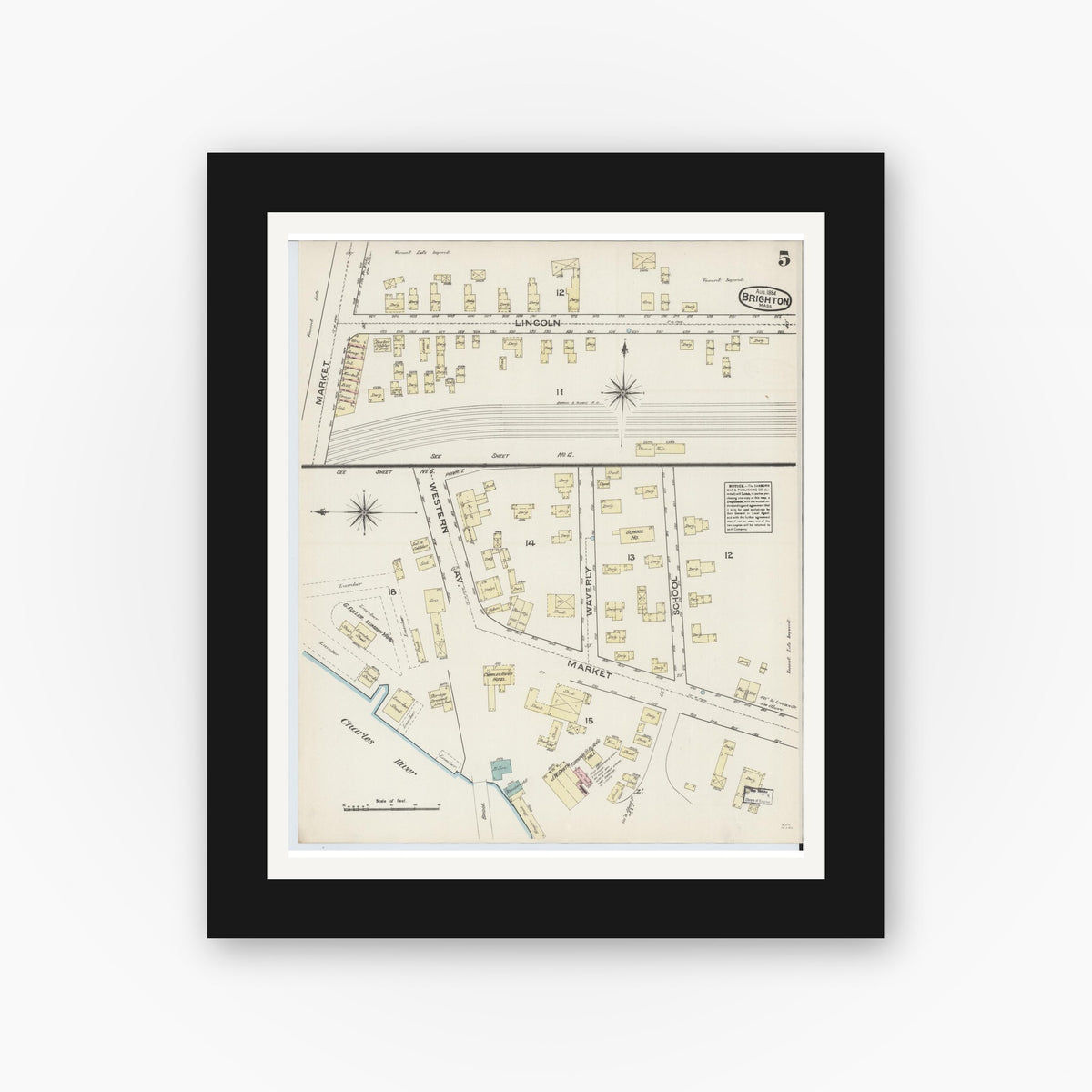 Old map wall art mockup — black gallery frame with white mat — Sanborn Fire Insurance Map from Brighton, Suffolk County, Massachusetts (1884), Sheet #0005