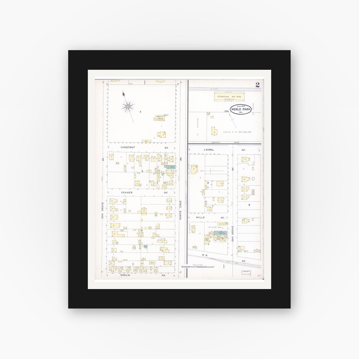 Old map wall art mockup — black gallery frame with white mat — Sanborn Fire Insurance Map from Menlo Park, San Mateo County, California (1897), Sheet #0002