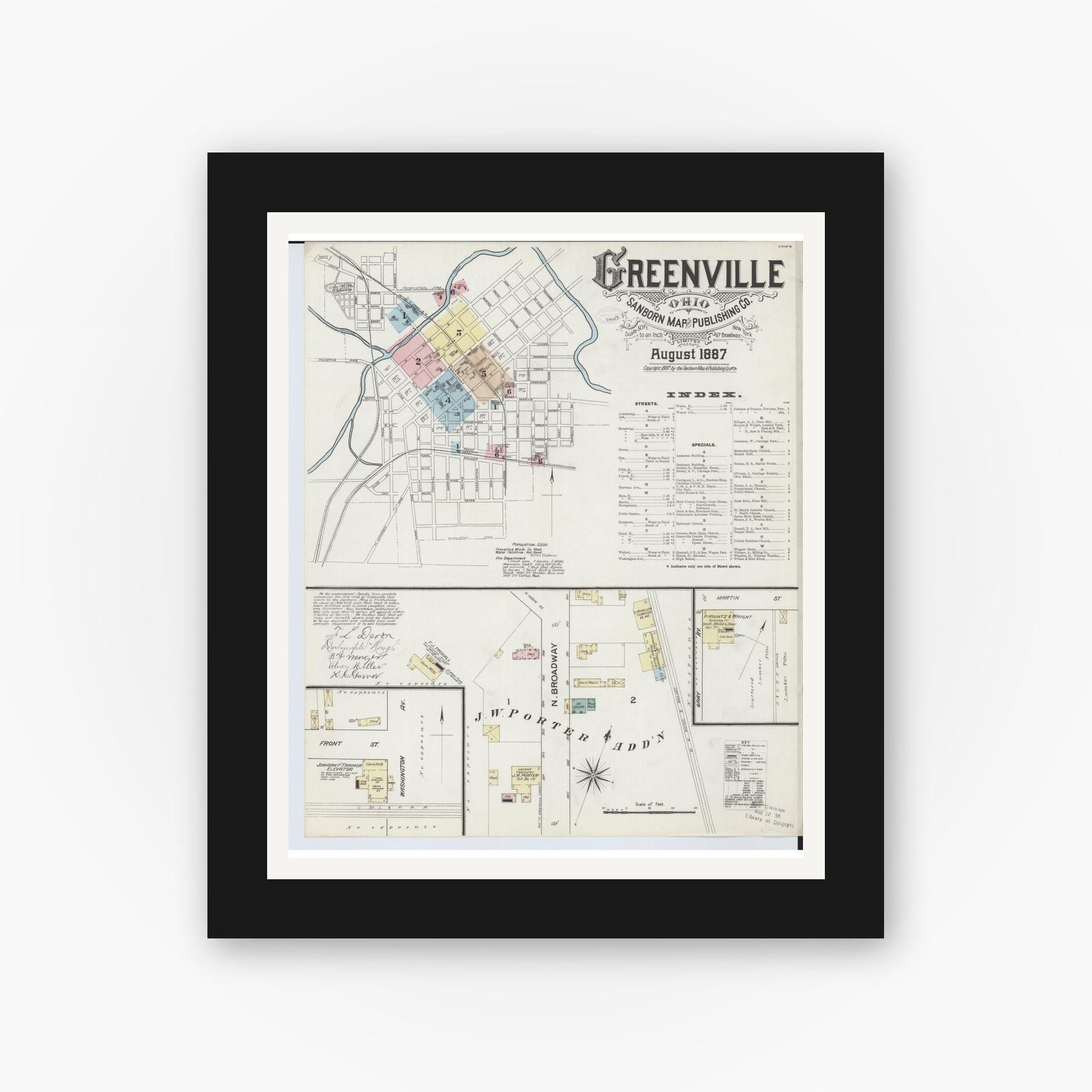 Old map wall art mockup — black gallery frame with white mat — Sanborn Fire Insurance Map from Greenville, Darke County, Ohio (1887), Sheet #0001