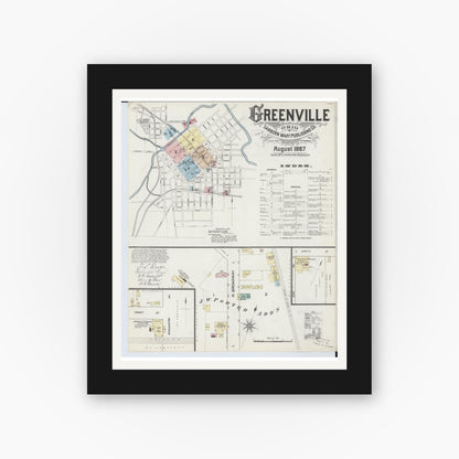 Old map wall art mockup — black gallery frame with white mat — Sanborn Fire Insurance Map from Greenville, Darke County, Ohio (1887), Sheet #0001