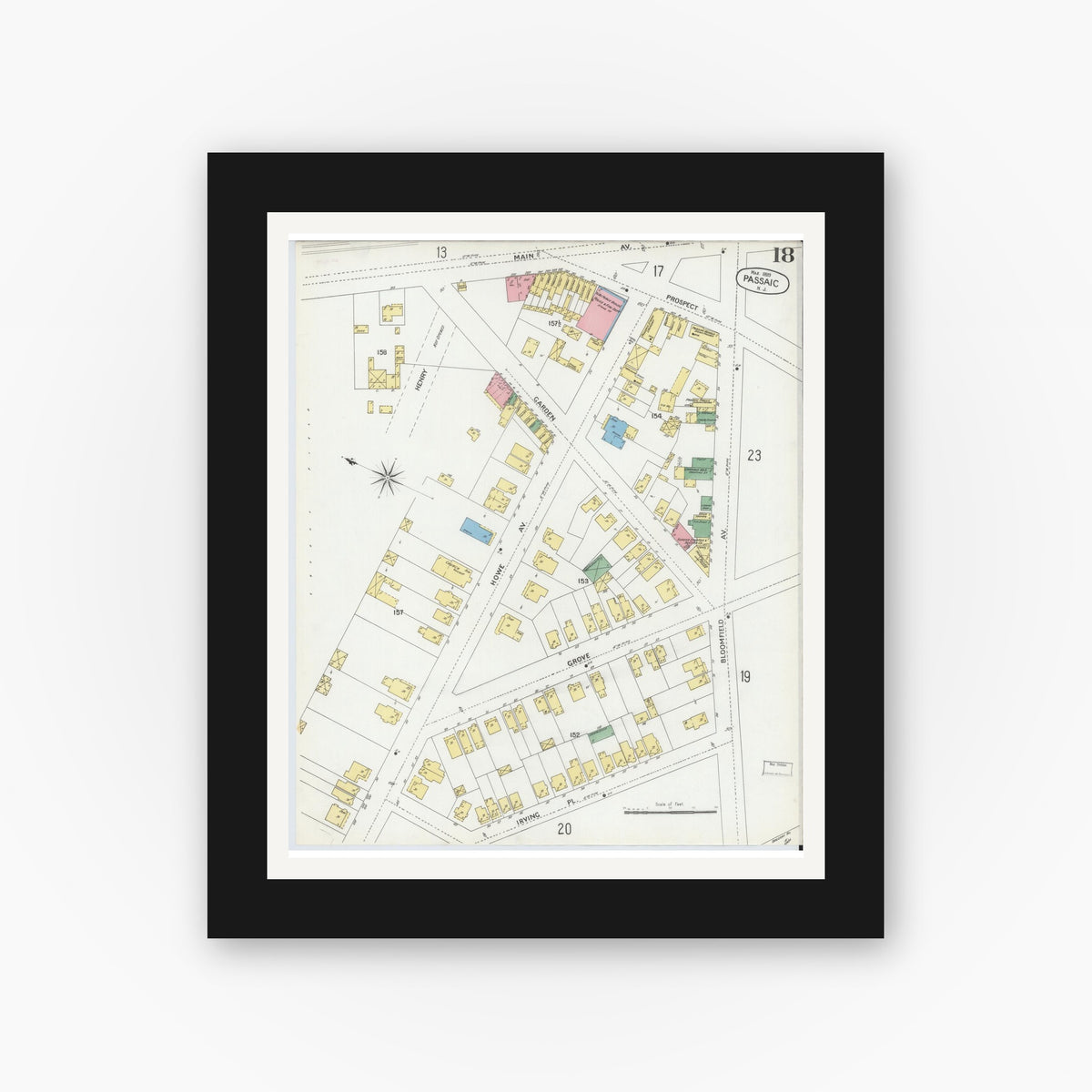 Old map wall art mockup — black gallery frame with white mat — Sanborn Fire Insurance Map from Passaic, Passaic County, New Jersey (1899), Sheet #0018