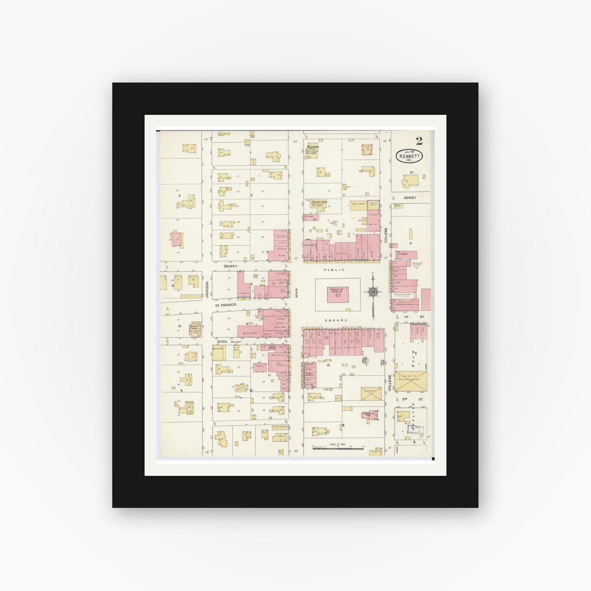 Old map wall art mockup — black gallery frame with white mat — Sanborn Fire Insurance Map from Kennett, Dunklin County, Missouri (1911), Sheet #0002