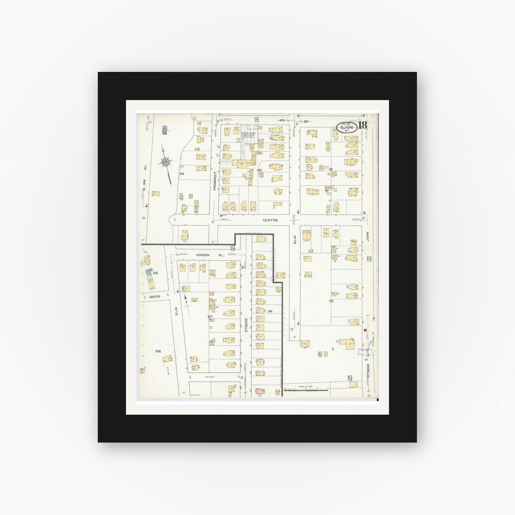 Old map wall art mockup — black gallery frame with white mat — Sanborn Fire Insurance Map from Ilion, Herkimer County, New York (1912), Sheet #0018