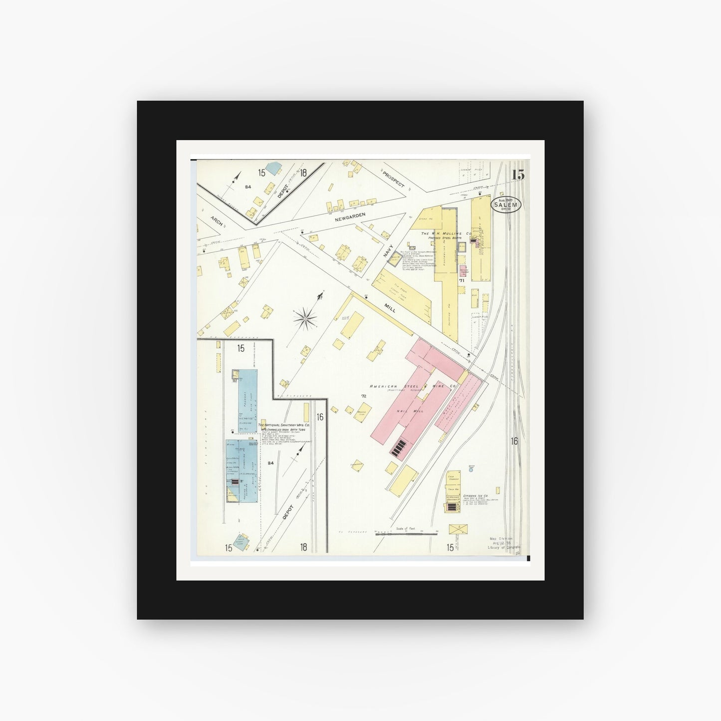 Old map wall art mockup — black gallery frame with white mat — Sanborn Fire Insurance Map from Salem, Columbiana County, Ohio (1909), Sheet #0015