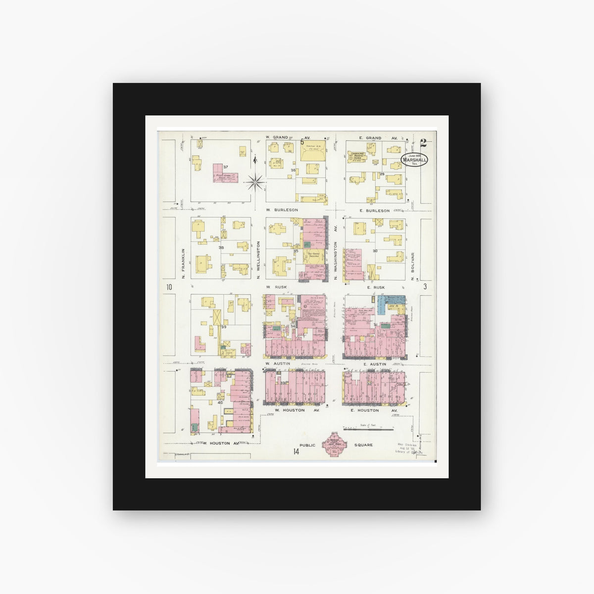Old map wall art mockup — black gallery frame with white mat — Sanborn Fire Insurance Map from Marshall, Harrison County, Texas (1909), Sheet #0002