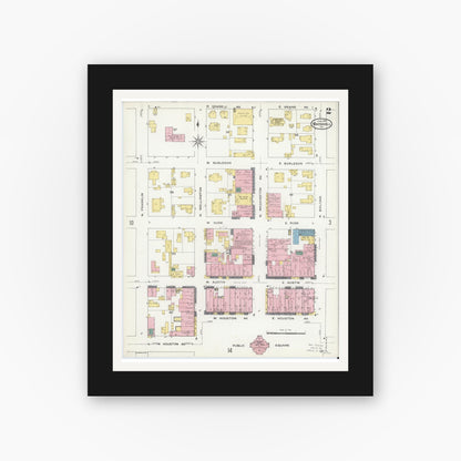 Old map wall art mockup — black gallery frame with white mat — Sanborn Fire Insurance Map from Marshall, Harrison County, Texas (1909), Sheet #0002