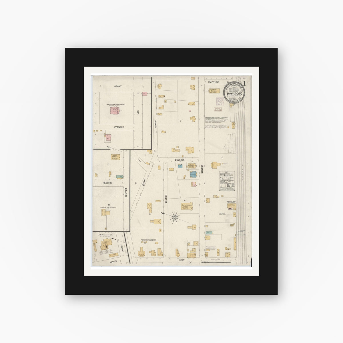 Old map wall art mockup — black gallery frame with white mat — Sanborn Fire Insurance Map from Manassas, Independent Cities, Virginia (1907) - Complete Map Set
