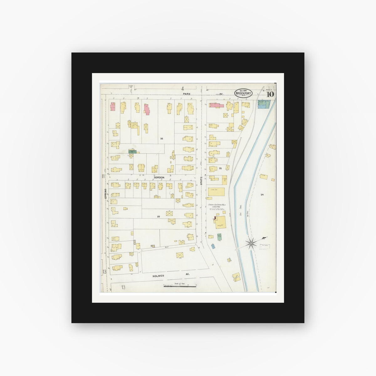 Old map wall art mockup — black gallery frame with white mat — Sanborn Fire Insurance Map from Brockport, Monroe County, New York (1904), Sheet #0010