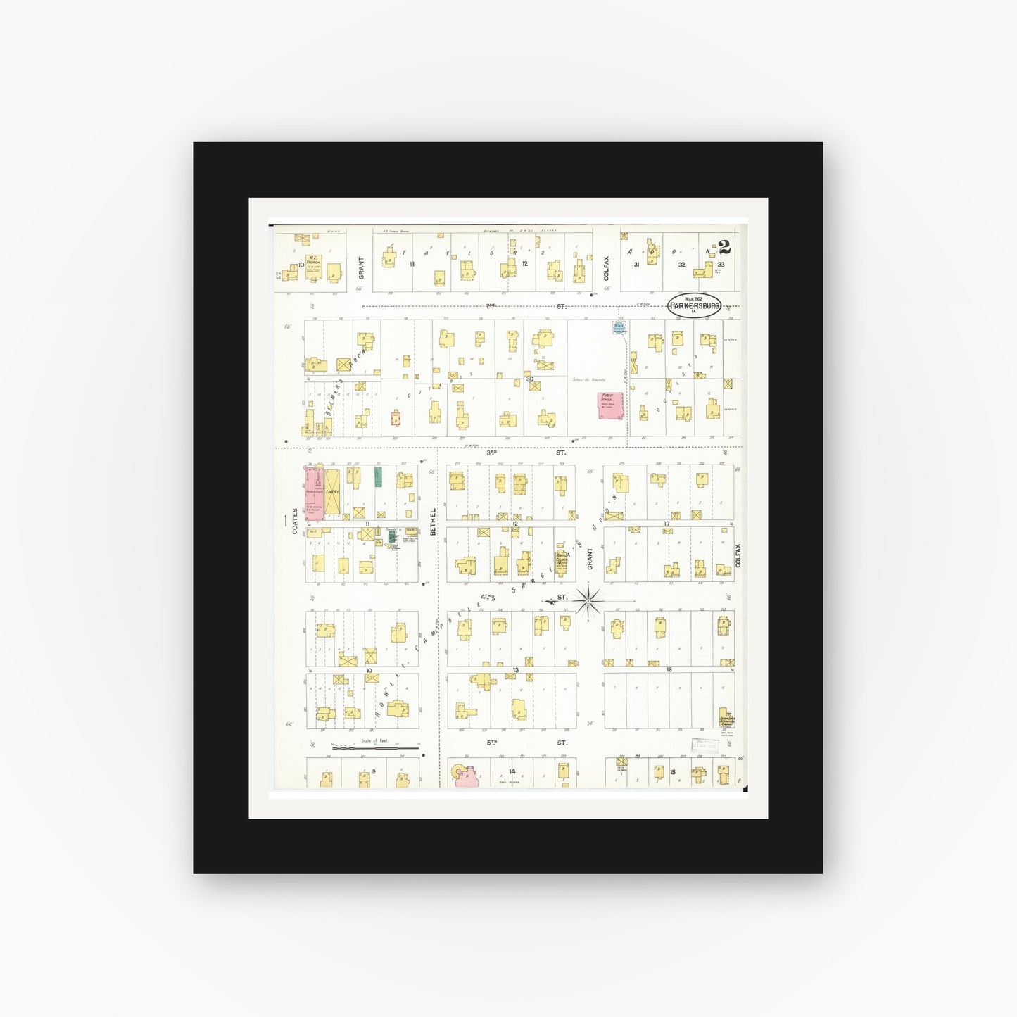 Old map wall art mockup — black gallery frame with white mat — Sanborn Fire Insurance Map from Parkersburg, Butler County, Iowa (1902), Sheet #0002