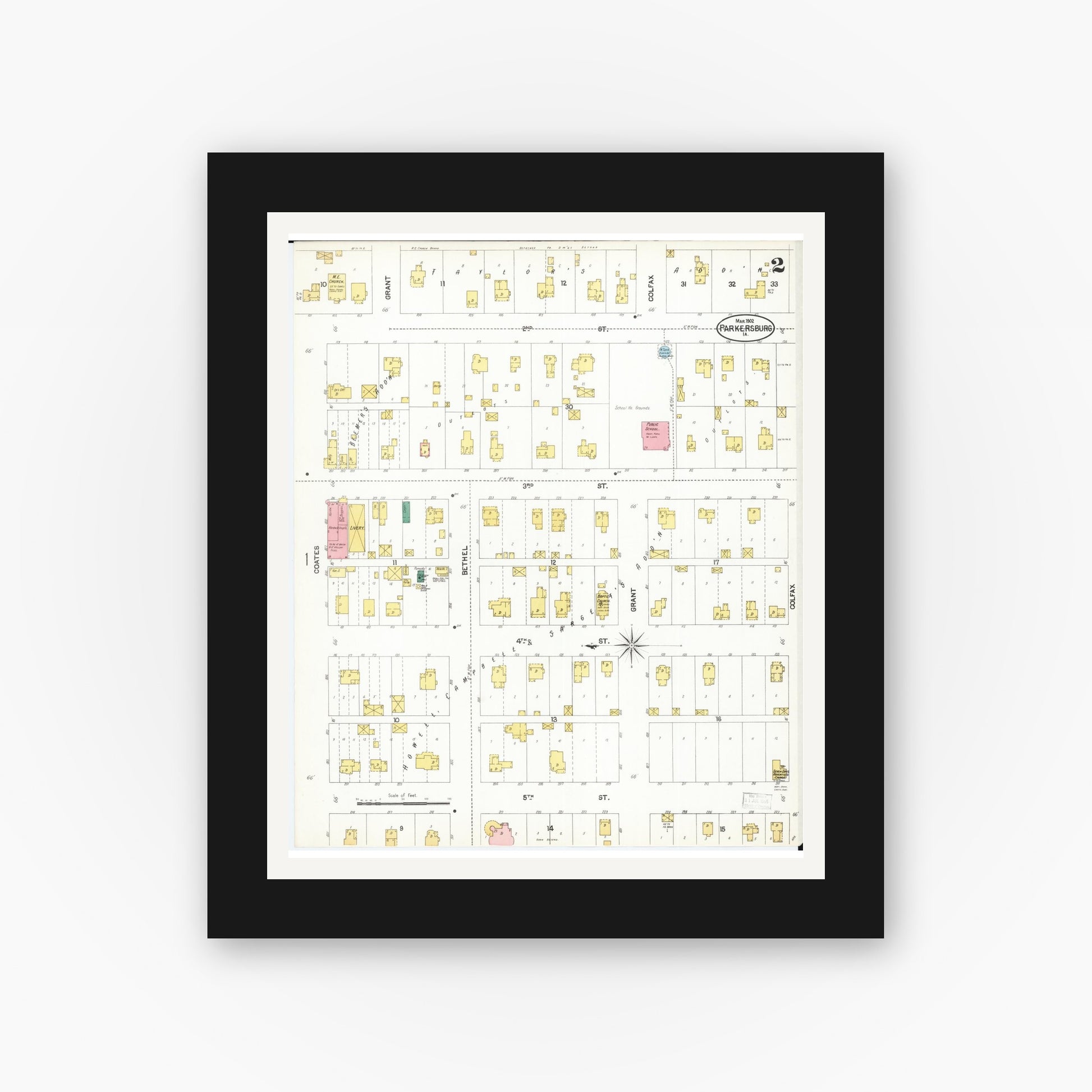 Old map wall art mockup — black gallery frame with white mat — Sanborn Fire Insurance Map from Parkersburg, Butler County, Iowa (1902), Sheet #0002