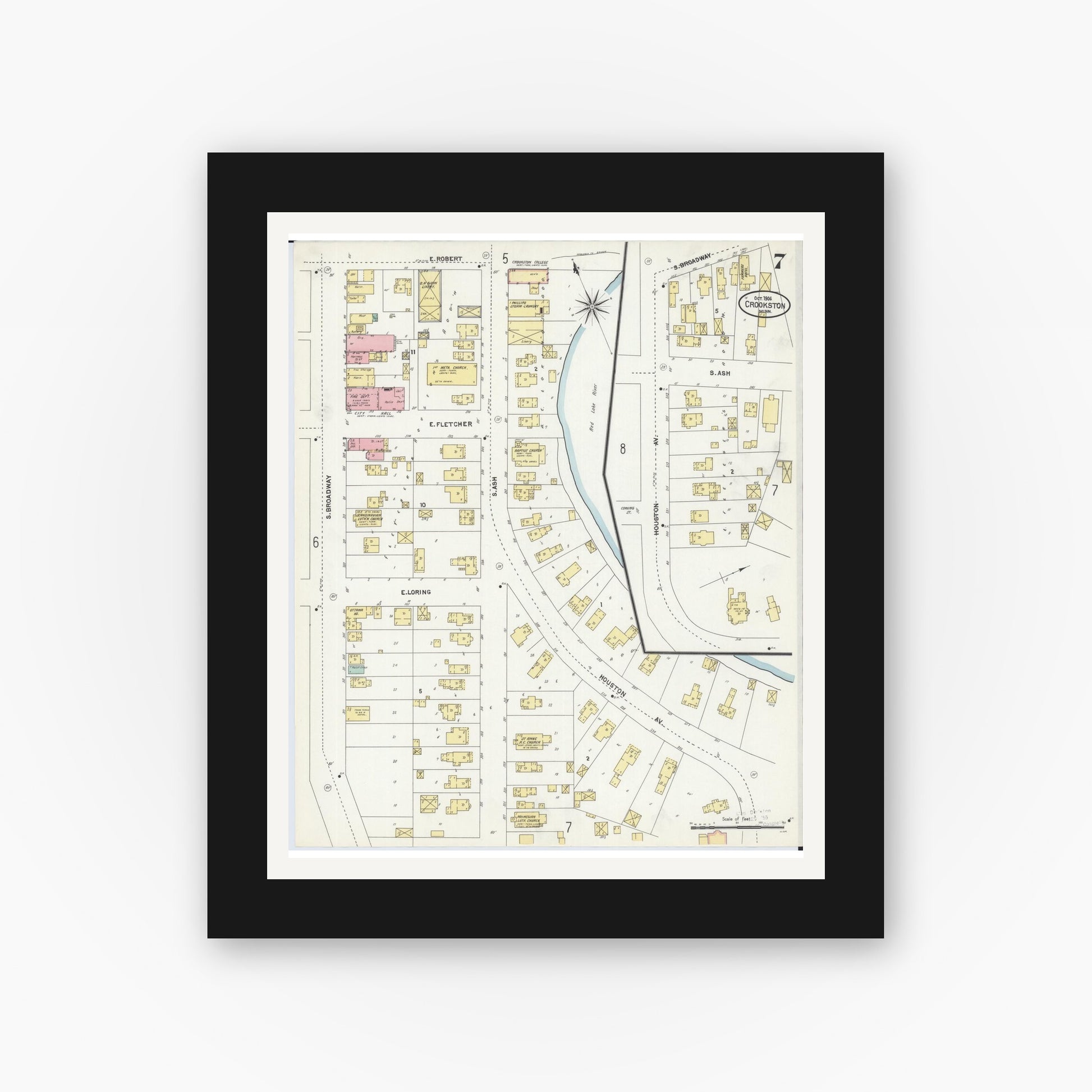 Old map wall art mockup — black gallery frame with white mat — Sanborn Fire Insurance Map from Crookston, Polk County, Minnesota (1906), Sheet #0007