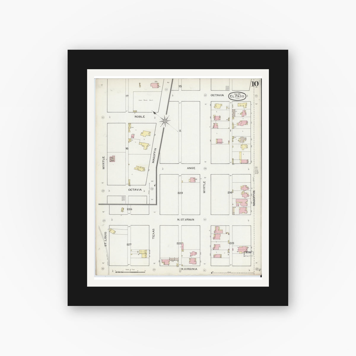 Old map wall art mockup — black gallery frame with white mat — Sanborn Fire Insurance Map from El Paso, El Paso County, Texas (1893), Sheet #0010