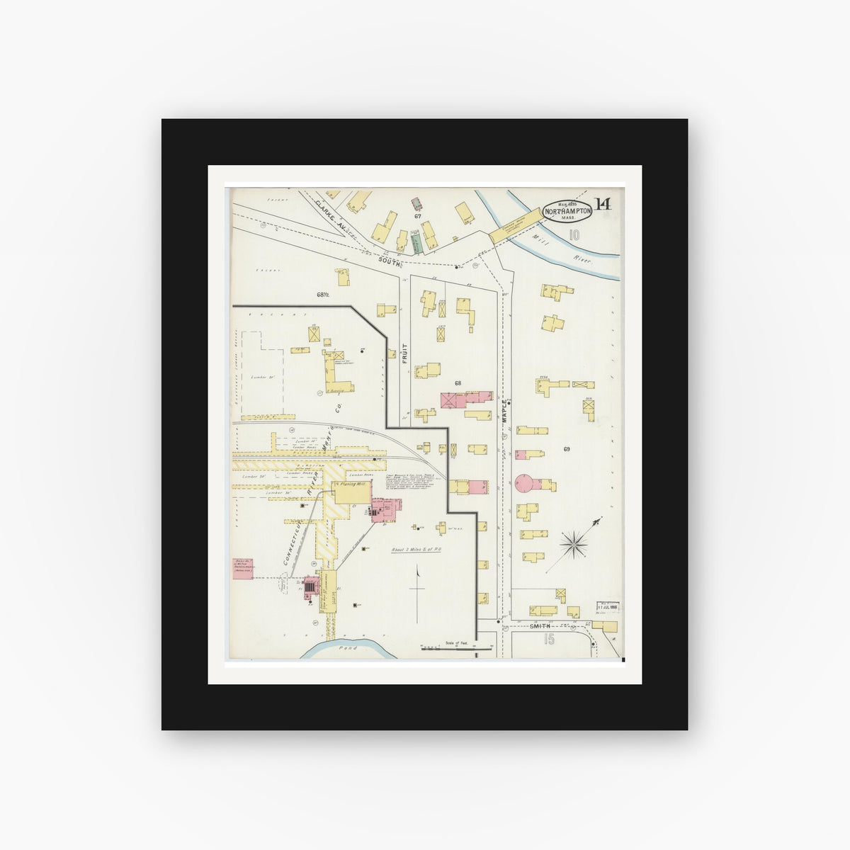 Old map wall art mockup — black gallery frame with white mat — Sanborn Fire Insurance Map from Northampton, Hampshire County, Massachusetts (1895), Sheet #0014