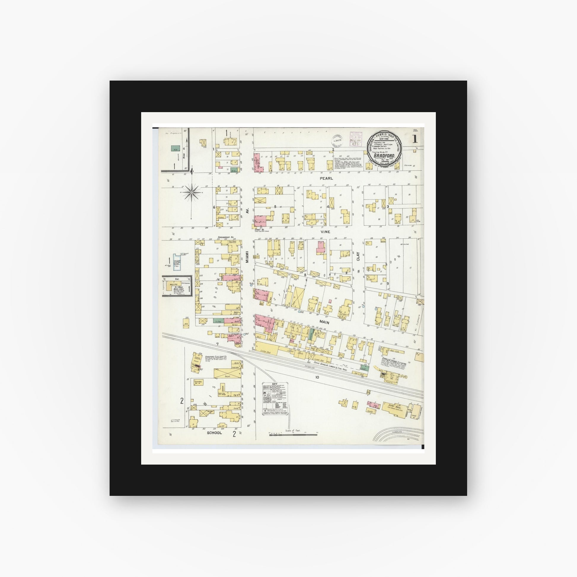 Old map wall art mockup — black gallery frame with white mat — Sanborn Fire Insurance Map from Bradford, Darke and Miami Counties, Ohio (1901) - Complete Map Set