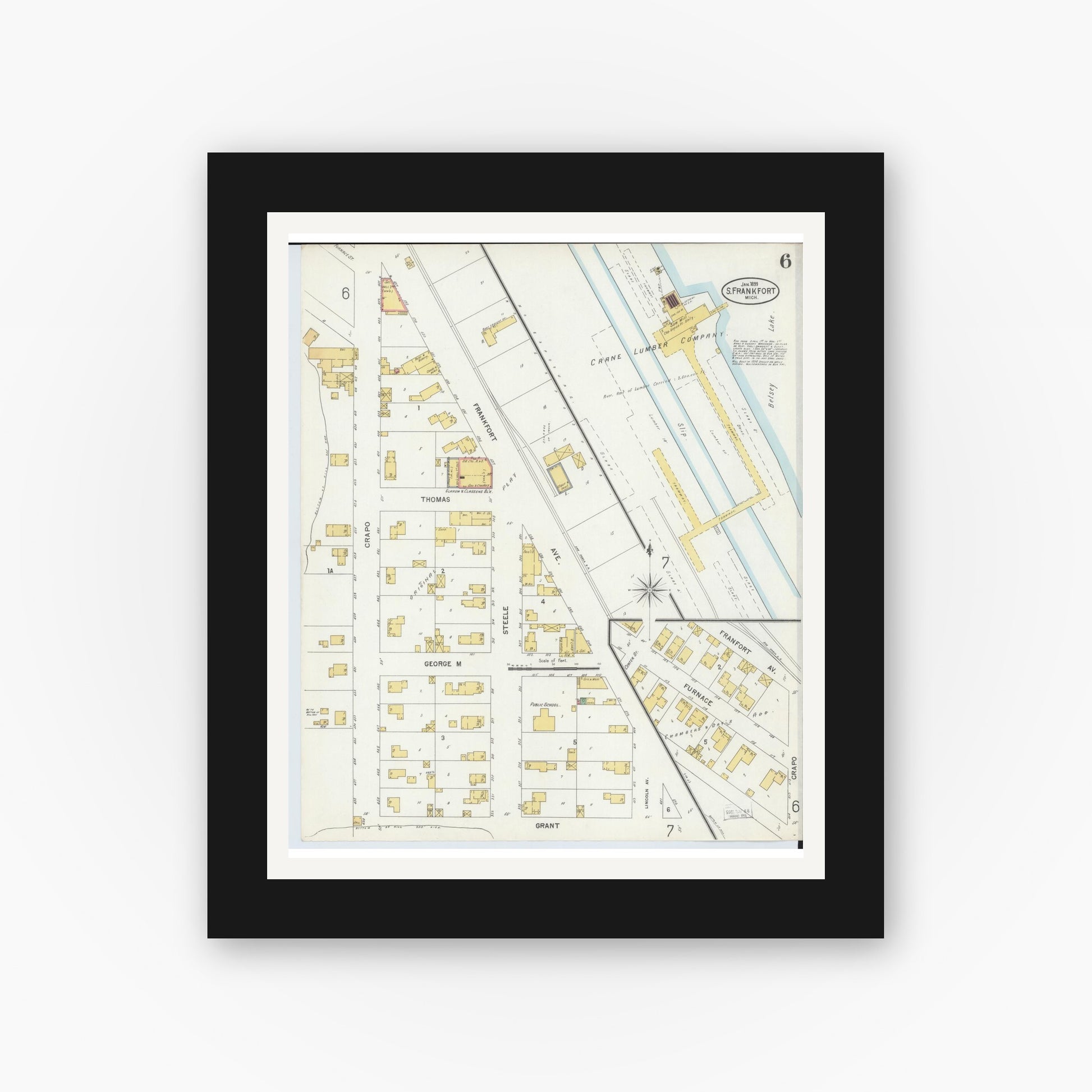 Old map wall art mockup — black gallery frame with white mat — Sanborn Fire Insurance Map from Frankfort, Benzie County, Michigan (1899), Sheet #0006