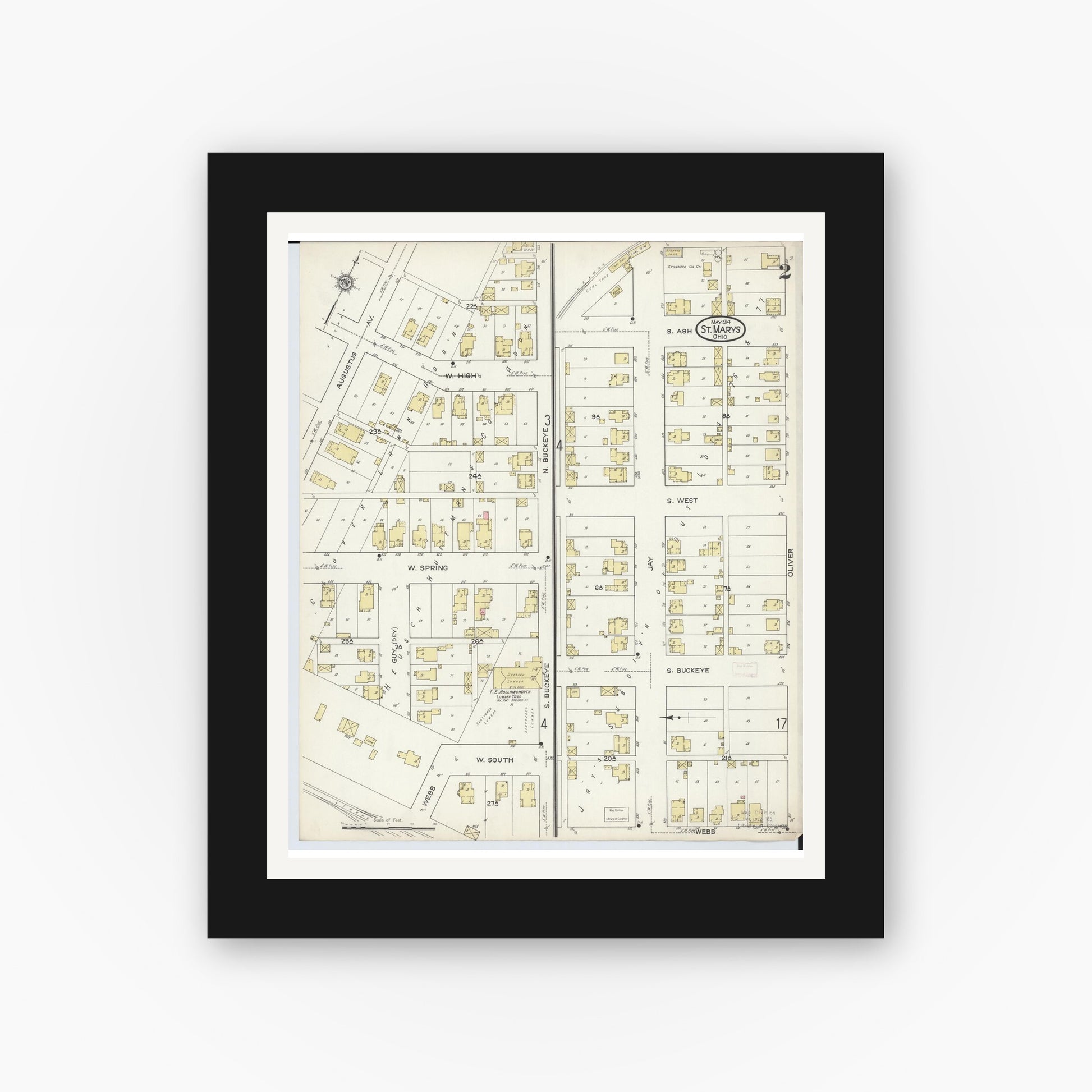 Old map wall art mockup — black gallery frame with white mat — Sanborn Fire Insurance Map from Saint Marys, Auglaize County, Ohio (1914), Sheet #0002