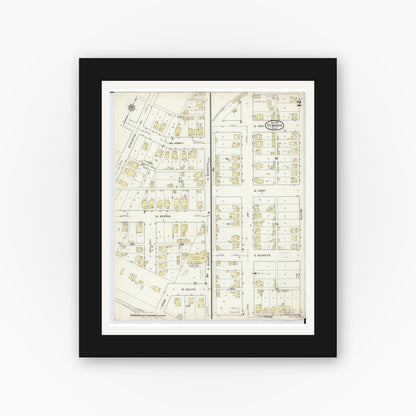 Old map wall art mockup — black gallery frame with white mat — Sanborn Fire Insurance Map from Saint Marys, Auglaize County, Ohio (1914), Sheet #0002