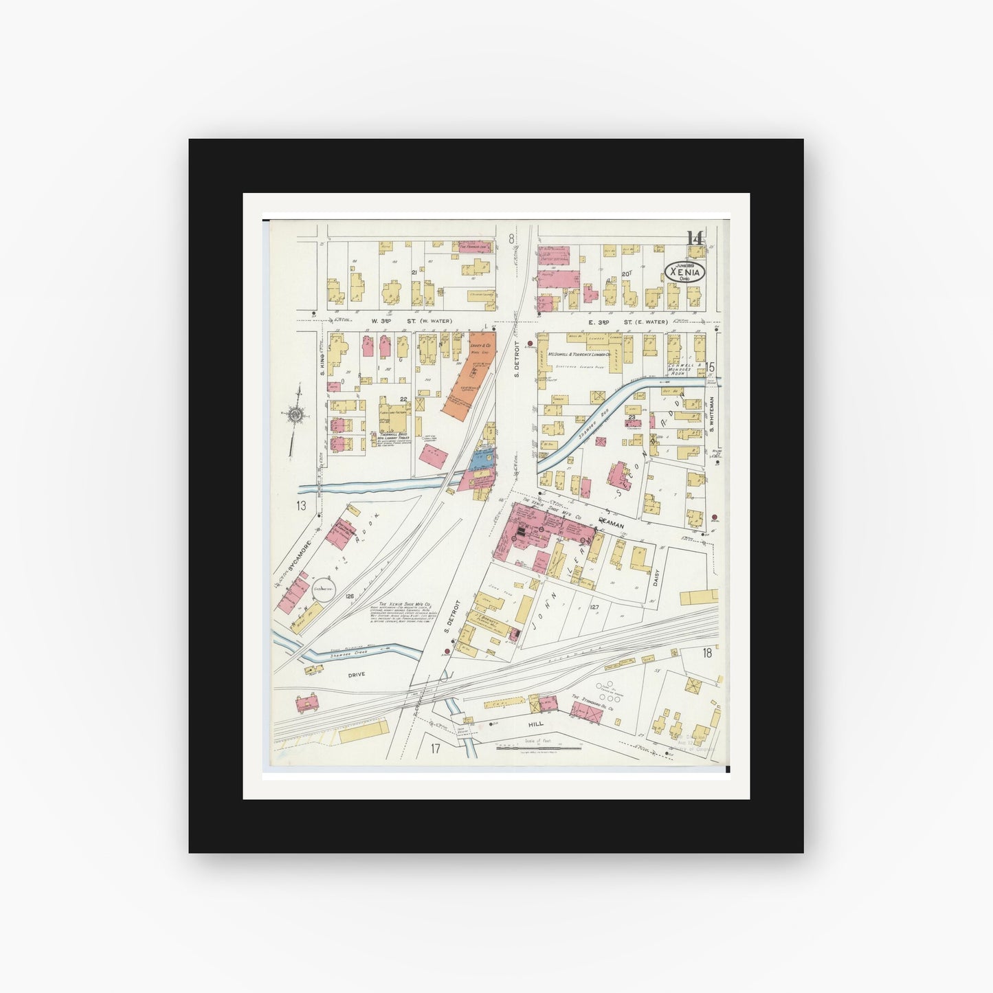 Old map wall art mockup — black gallery frame with white mat — Sanborn Fire Insurance Map from Xenia, Greene County, Ohio (1919), Sheet #0014